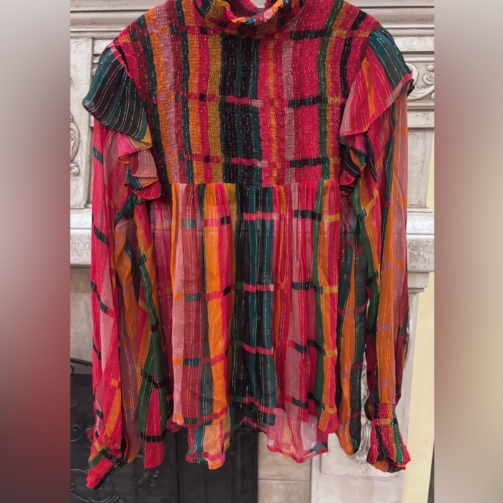 Bl^nk Anthropology Mock Turtleneck Multi-colored Striped Ruffled Blouse Small - Picture 5 of 12